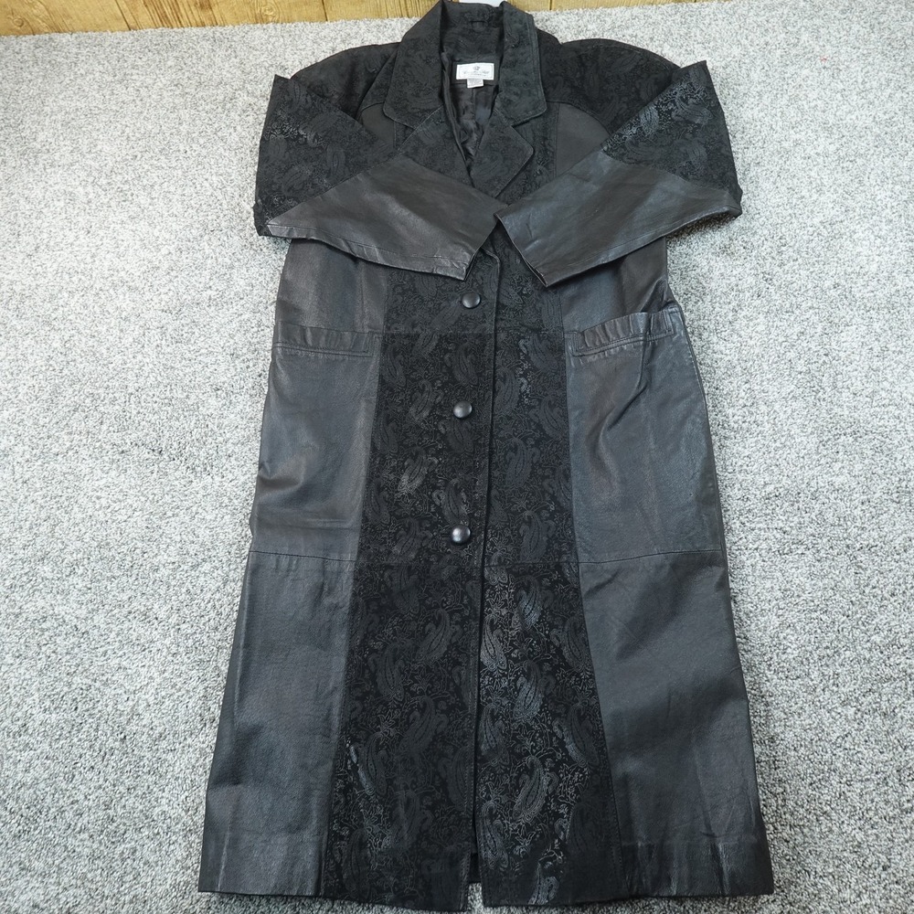 VTG Leather Jacket Womens L Black Paisley Long Overcoat Trench Coat Western Top
